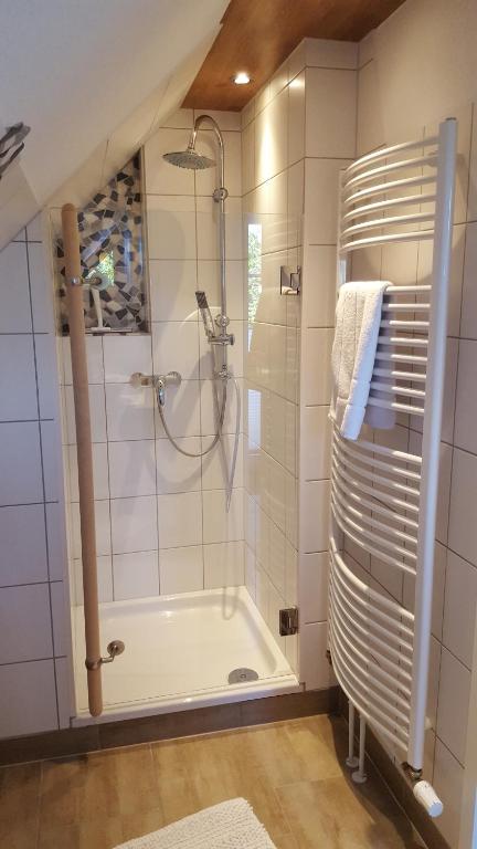 a bathroom with a shower and a tub at Ferienwohnung Elbkoje in Brunsbüttel