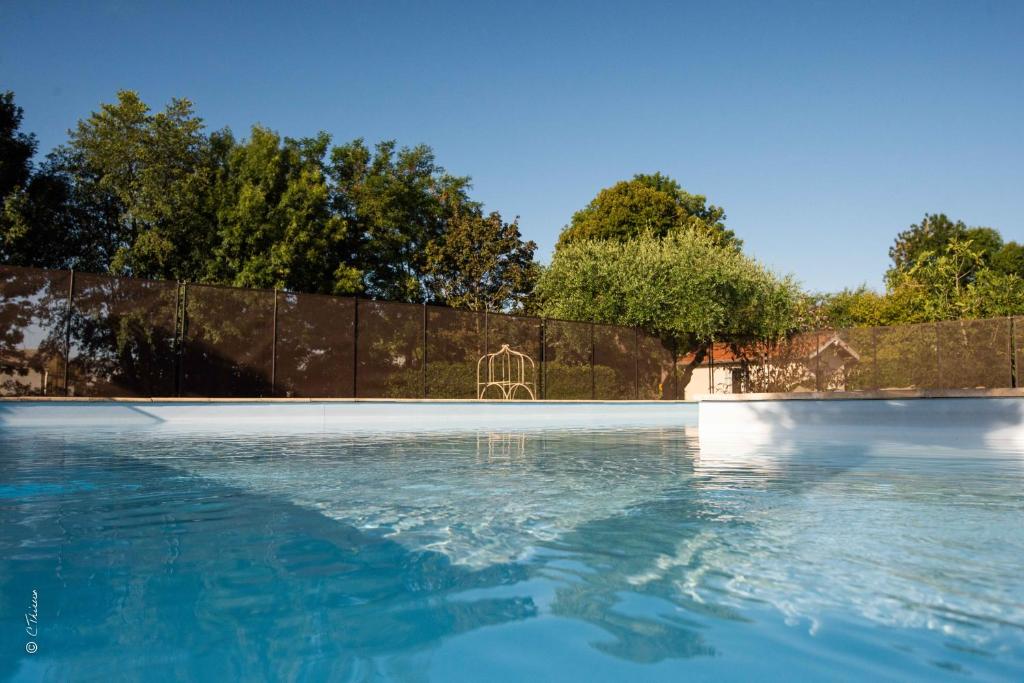 een zwembad met een hek en bomen bij LA DOLOREANNE in Saint-Didier-sur-Chalaronne