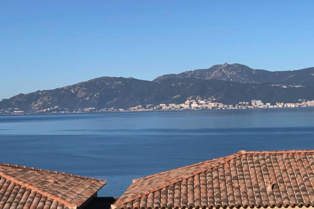 een uitzicht op het water met bergen op de achtergrond bij Appartement vue mer panoramique près de Porticcio in Pietrosella