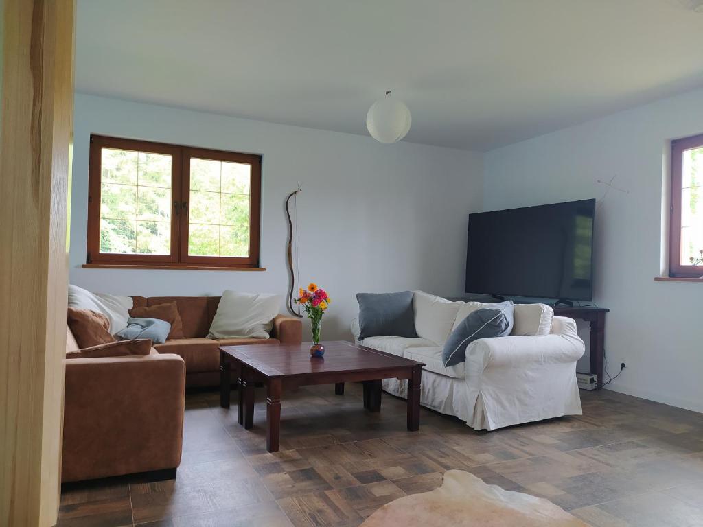 Sala de estar con 2 sofás y mesa de centro en Agroturystyka Giławy, en Giławy
