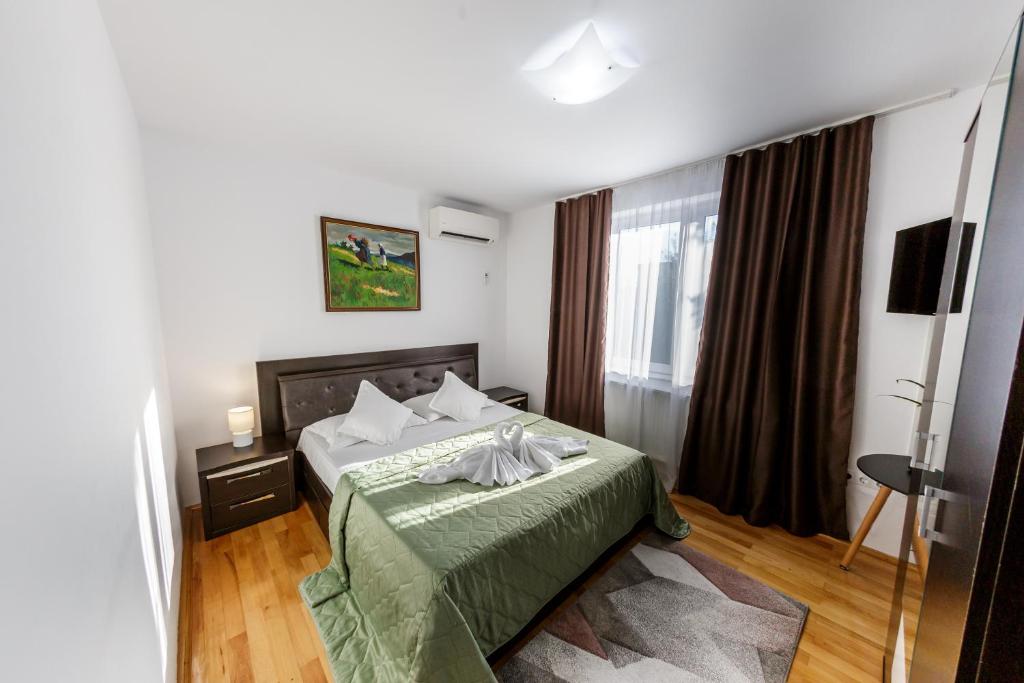 a hotel room with a bed and a television at Apartament Family Rivulus 10 in Baia Mare