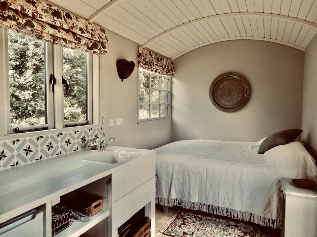 Colkirk的住宿－The Oaks Glamping - Jasper's Shepherds Hut，一间卧室配有床、水槽和2个窗户