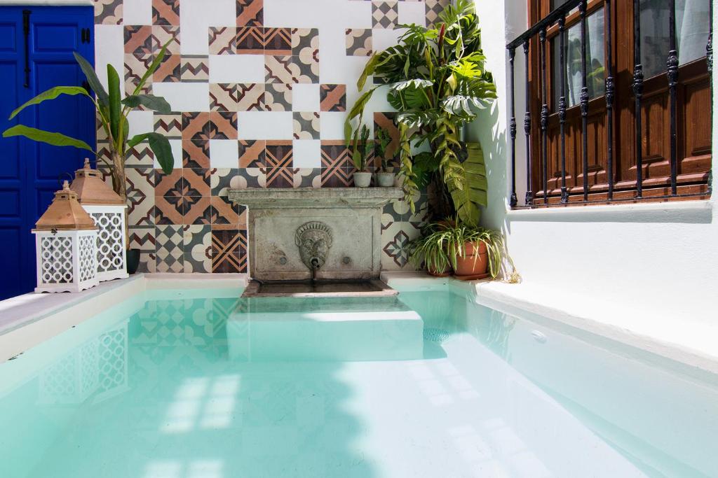 a swimming pool with a fountain in a house at Riad Alhambra in Granada