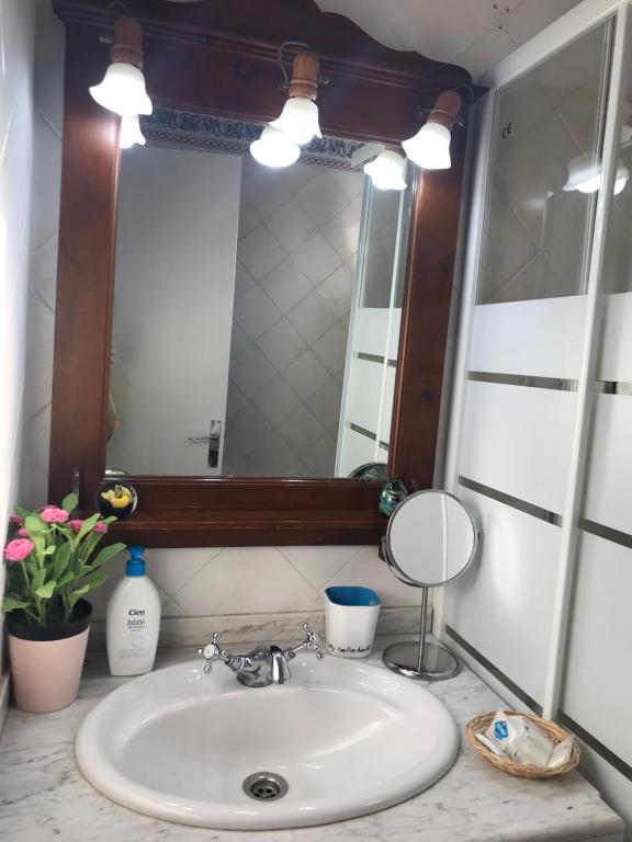 a bathroom with a sink and a mirror at Apartamento Rural situado en tercera planta sin ascensor in Navás
