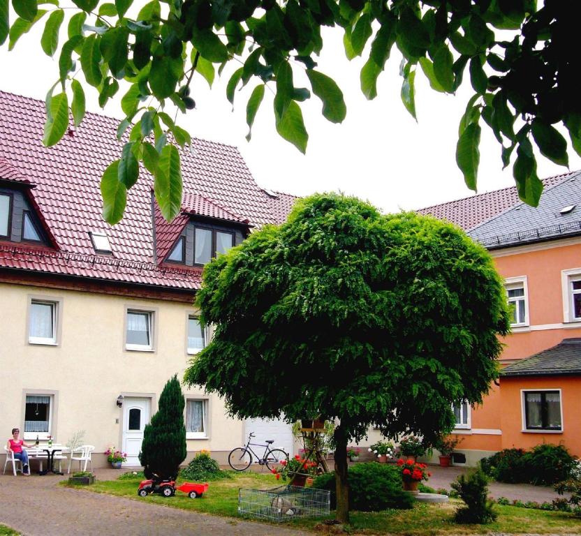 a large tree in front of a building at Ferienhof Schwäbe in Lommatzsch