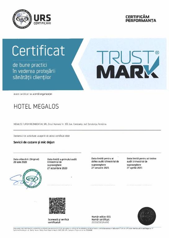 Certifikát, hodnocení, plakát nebo jiný dokument vystavený v ubytování Hotel Megalos