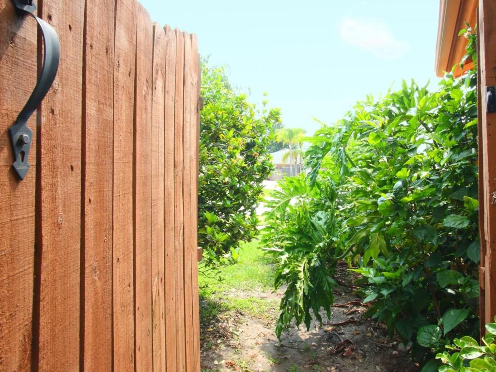 a wooden fence in front of a row of bushes at 2 Bed 5325 in Kissimmee