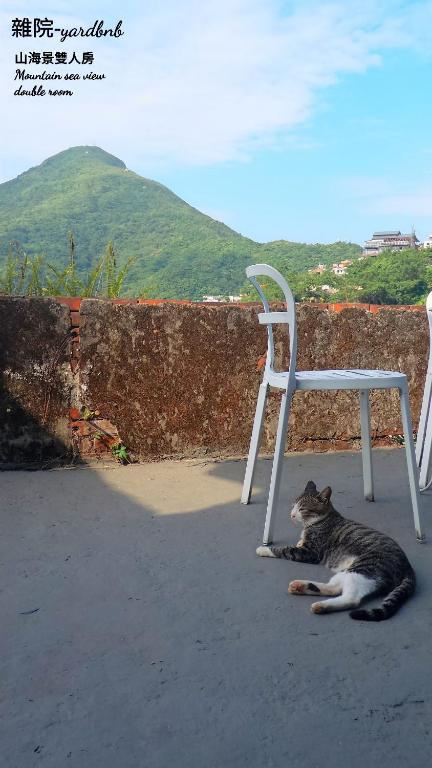 a cat laying on the ground next to a chair at Yardbnb 1F in Jiufen