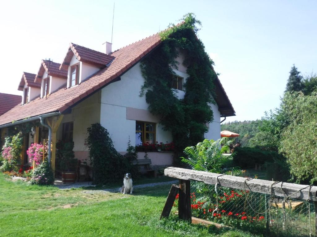 una casa con un perro sentado frente a ella en Farma Zahradnice, en Olbramovice