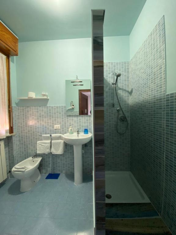 e bagno con lavandino, servizi igienici e doccia. di Da Debby a Pisa