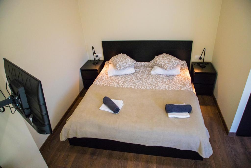 a bedroom with a bed with two pillows and a television at Hotel Akmenė in Naujoji Akmenė