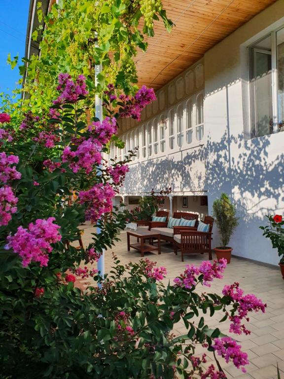 un patio con flores rosas, mesas y sillas en Nazy's Guest House, en Joqolo