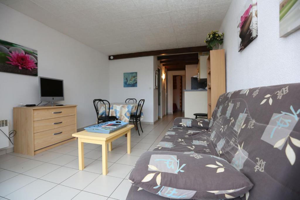 uma sala de estar com um sofá e uma mesa em Agréable T2 climatisé em Argelès-sur-Mer