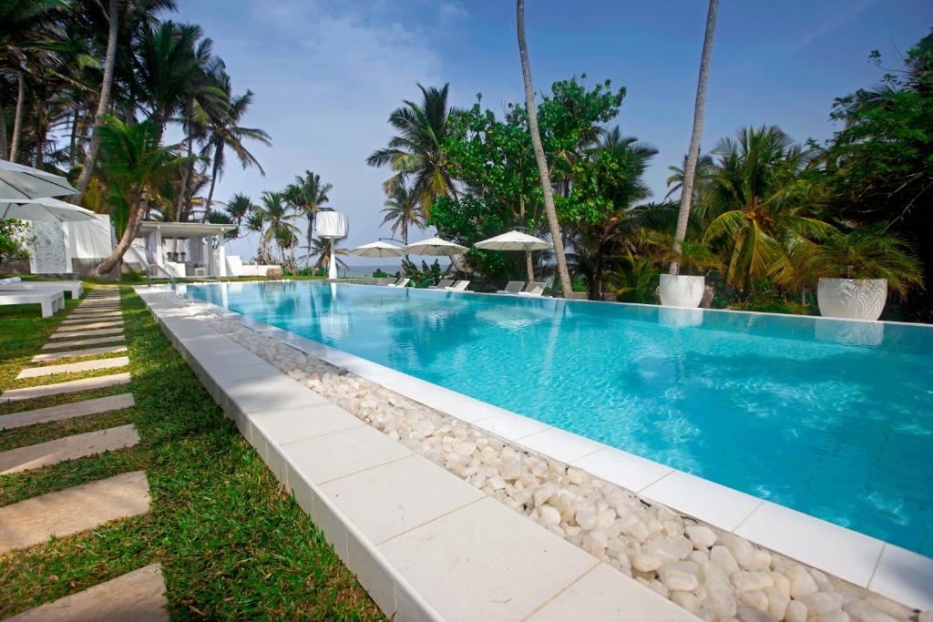 a swimming pool at a resort with palm trees at W15 Escape in Ahangama