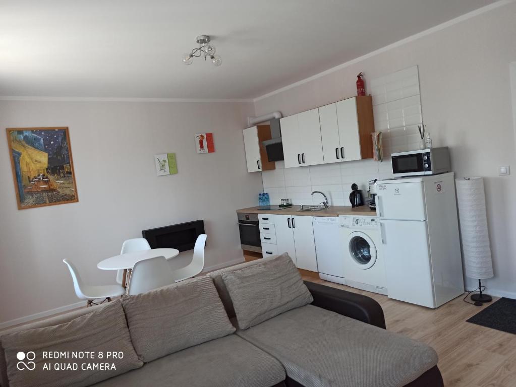 ein Wohnzimmer mit einem Sofa und einer Küche in der Unterkunft Apartament Słoneczny in Augustów