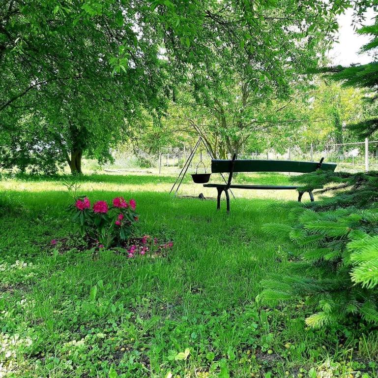 un banco del parque sentado en el césped con flores en Axtburg Apartments, en Bérbaltavár