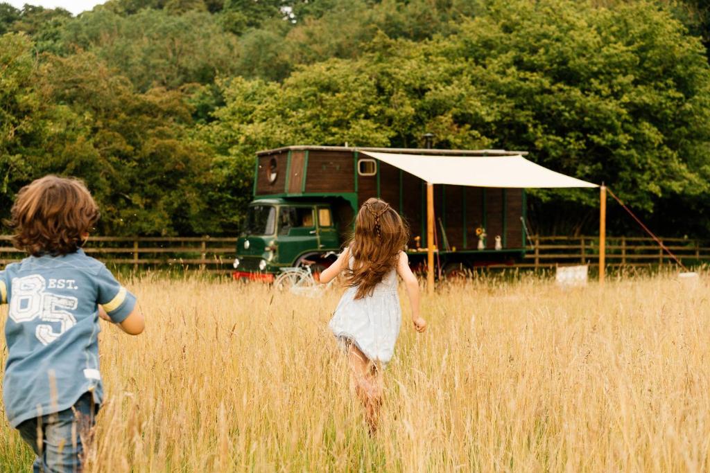 two children walking through a field of tall grass at Abbeyfield Horsebox Glamping in Morpeth