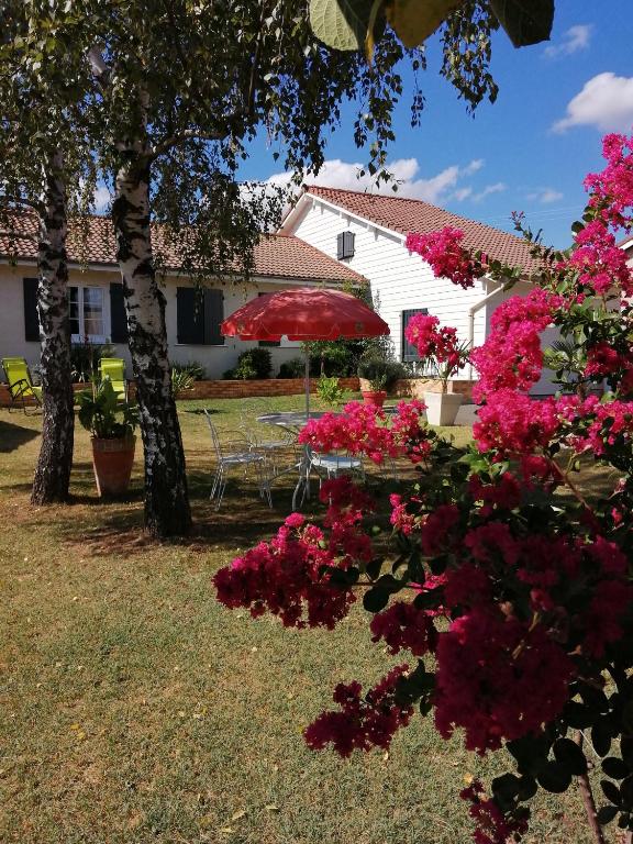 une table et un parasol dans une cour ornée de fleurs roses dans l'établissement Chambres d'hôtes le Clos de la Presle, à Saint-Georges-Haute-Ville