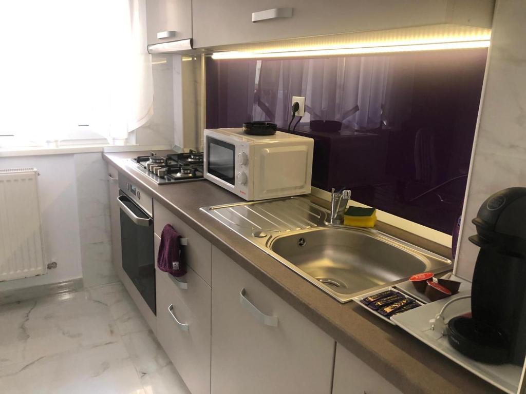 a kitchen with a sink and a microwave at Tudor Apartment in Brăila