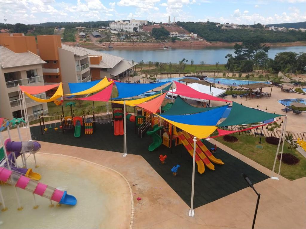 an aerial view of a playground with colorful tents at Ilhas do Lago Eco Resort in Caldas Novas