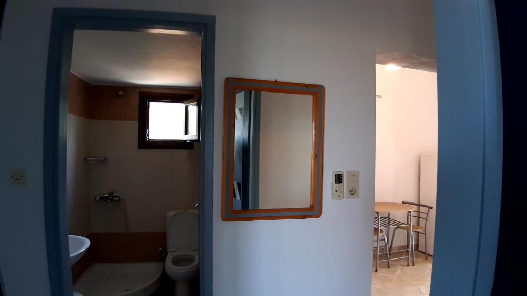 a bathroom with a mirror and a toilet at House Anna Houhlia in Vourvourou