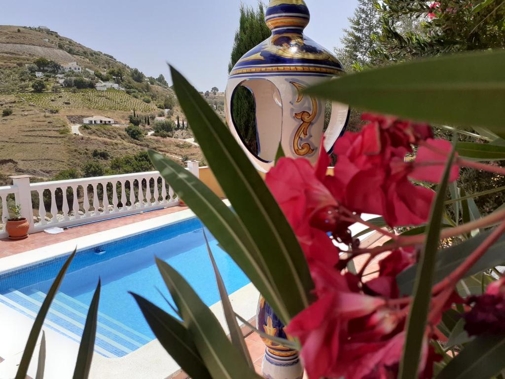 un jarrón grande sentado junto a una piscina en Villa Abril en Cómpeta