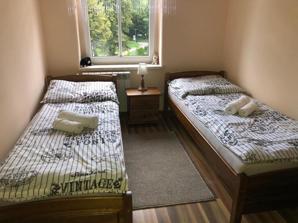 two twin beds in a room with a window at Apartament "U OLI" in Lądek-Zdrój