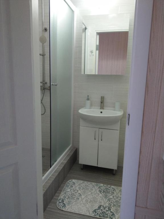 a bathroom with a shower, sink, and mirror at Dynastya Inn in Skadovsʼk