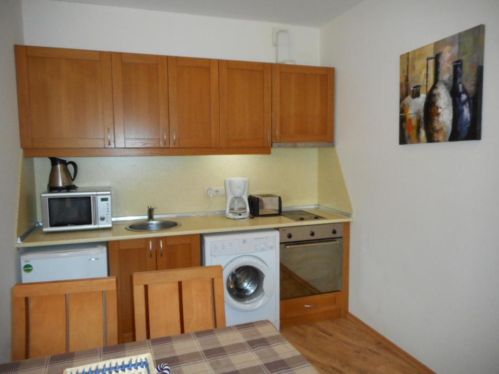 a kitchen with a washing machine and a microwave at TES Royal Plaza Apartments in Borovets