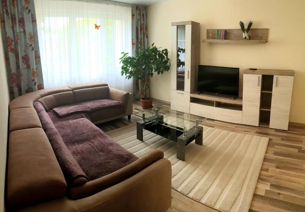 Il comprend un salon doté d'un canapé et d'une télévision à écran plat. dans l'établissement Orhidea Apartman, à Gheorgheni