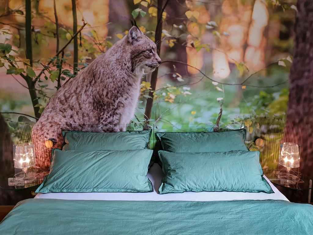 バート・ハルツブルクにあるEcht-Harz-Fewoのベッドの上に立つ猫