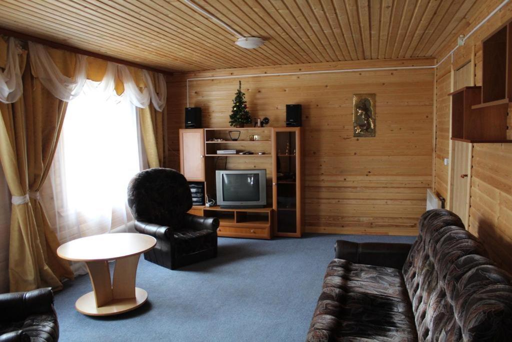 a living room with a couch and a television at Beryozka Cottage in Sloboda