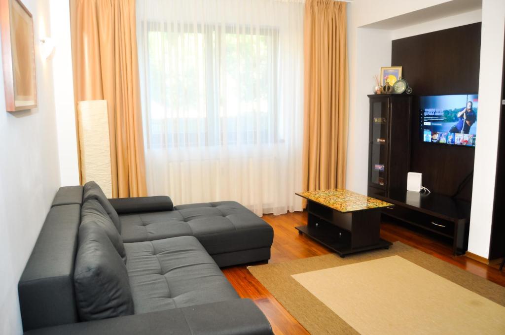a living room with a couch and a television at Predeal Fine Apartaments Clabucet in Predeal
