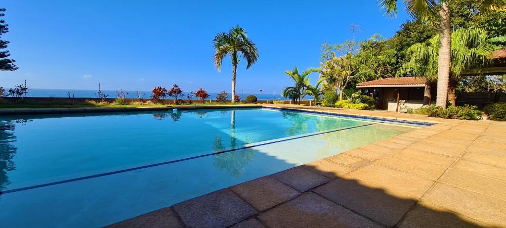 a large swimming pool with palm trees and the ocean at Illovo Beach house in Amanzimtoti