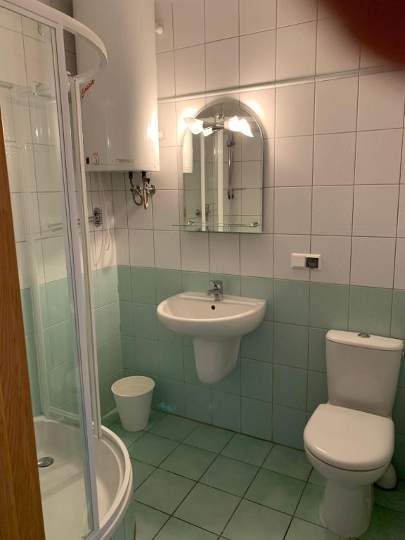a bathroom with a toilet, sink, and mirror at Pensjonat Złote Piaski i Restauracja Malibu in Jurata