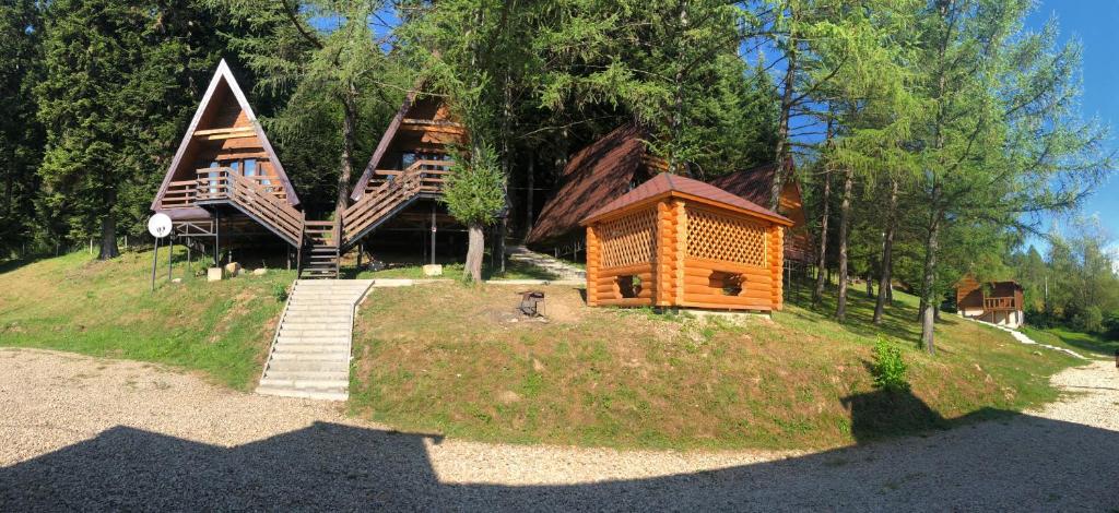 a large log cabin on a hill in the woods at Karpatskyy in Rozluch