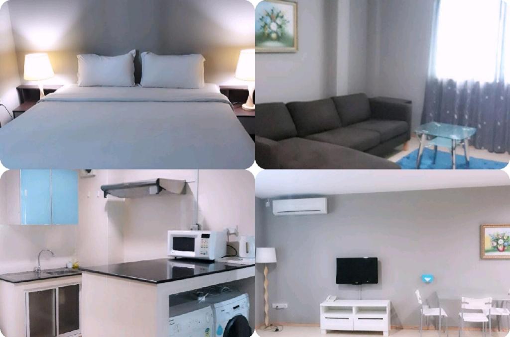 Ginasuite Kompleks27 Hotel في بندر سيري بيغاوان: صورتين لغرفة نوم وغرفة معيشة