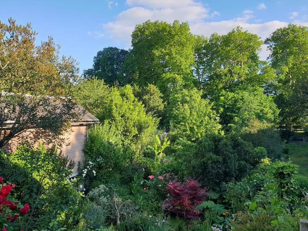 een tuin met bomen en struiken en een gebouw bij La petite maison du jardin d'Apollon in Dourdan
