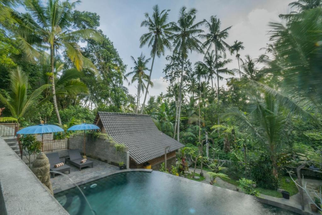 a swimming pool in front of a resort with palm trees at Sweet Orange Pondok in Ubud