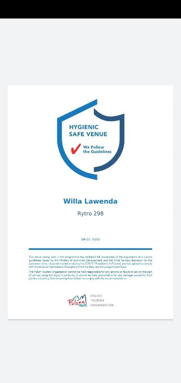 Certifikát, ocenenie alebo iný dokument vystavený v ubytovaní Willa Lawenda