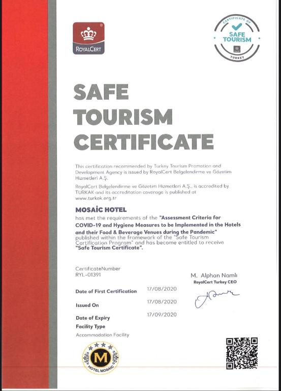 a page of a state tourism certificate brochure at Mosaic Hotel Old City -Special Category in Istanbul