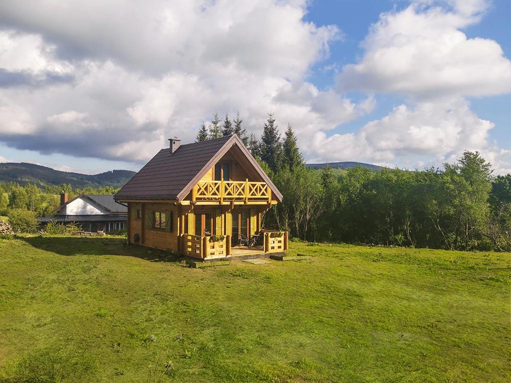 a small wooden house in a field of grass at Domek w Górach Sowich in Michałkowa