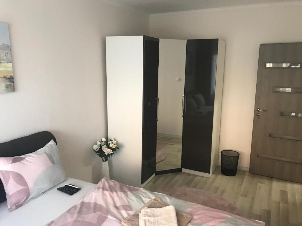 een slaapkamer met een bed en een grote spiegel bij Classic City Apartman in Szeged