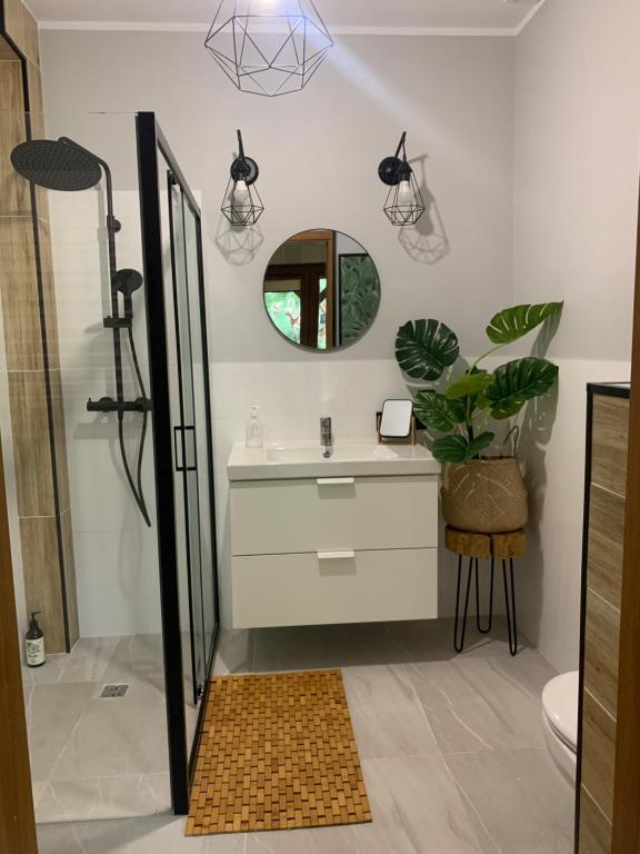 a bathroom with a sink and a mirror at Apartament WITA in Niemcz