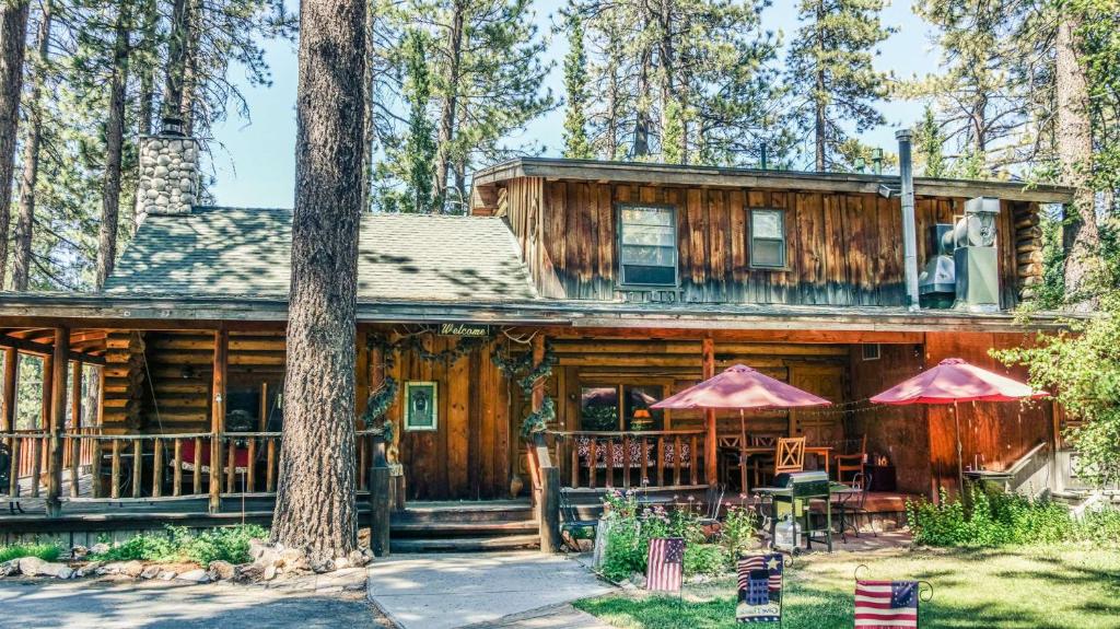 una cabaña de madera con mesas y sillas frente a ella en Eagle's Nest en Big Bear Lake