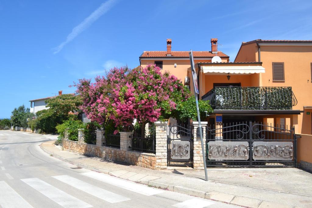 a house with a fence and a tree with pink flowers at Viola Istra Guest House in Štinjan