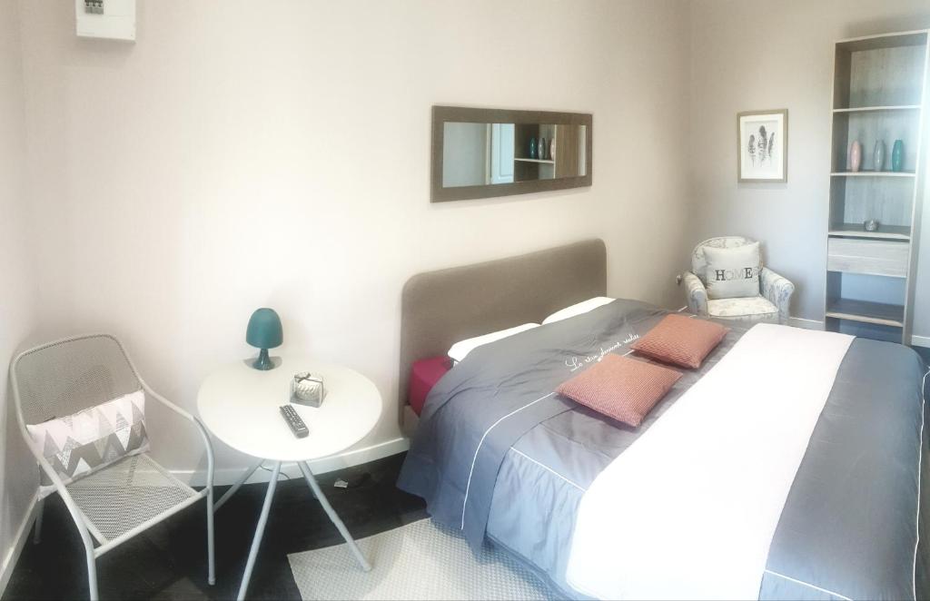 1 dormitorio con 1 cama, 1 mesa y 1 silla en Mas Tareau la Syrah, en Beaucaire