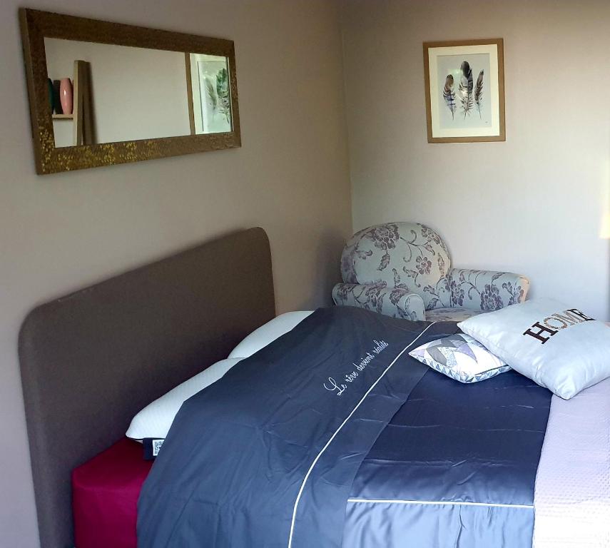 a bedroom with a bed and a chair and a mirror at Mas Tareau la Syrah in Beaucaire