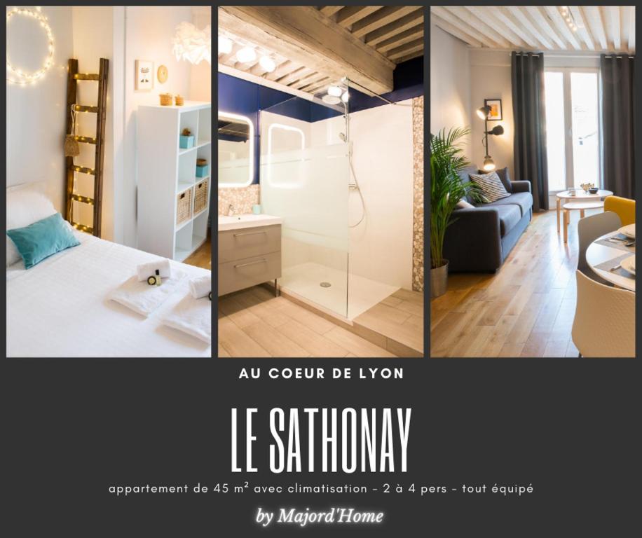 un collage de trois photos d'une chambre et d'un salon dans l'établissement Le Sathonay - Loft Terrasse - Lyon Centre - Majord'Home, à Lyon
