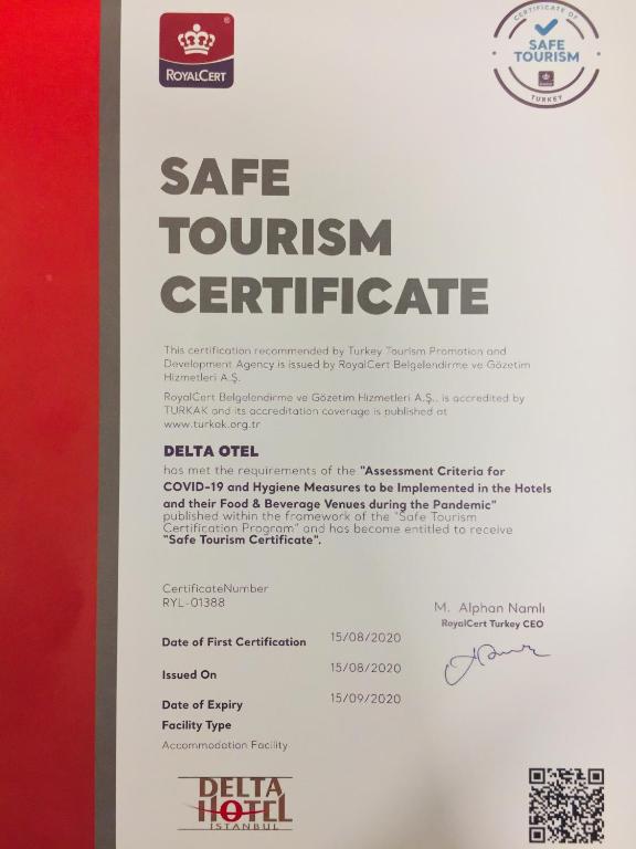Certifikát, hodnocení, plakát nebo jiný dokument vystavený v ubytování Delta Hotel Istanbul & Old City